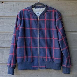 Old Navy Wool Plaid Bomber Sherpa Lining Navy Blue Red Windowpane Plaid Large